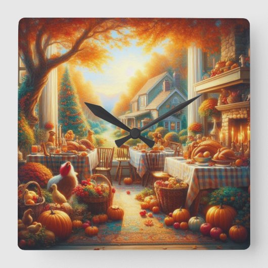 Warme en Gezellige Thanksgiving Verzamelen Vierkante Klok (Voorkant)