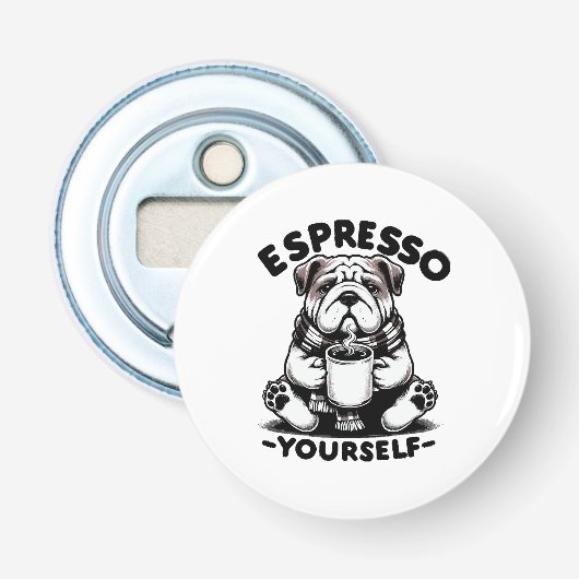 Warme Espresso Bulldog Button Flesopener (Voorkant)