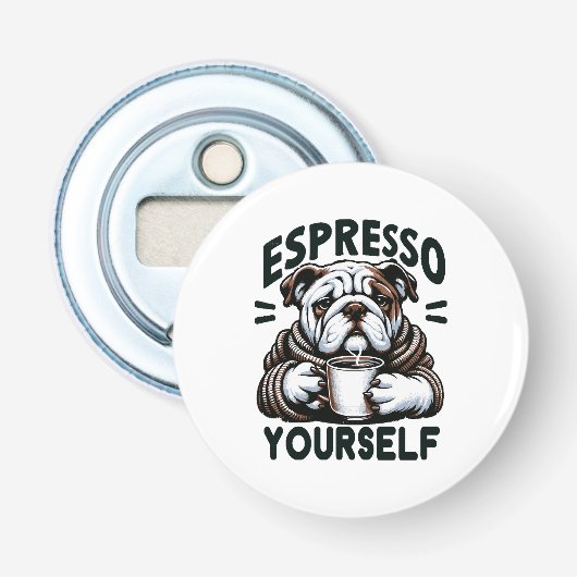 Warme Espresso Bulldog - Knus Koffie Button Flesopener (Voorkant)