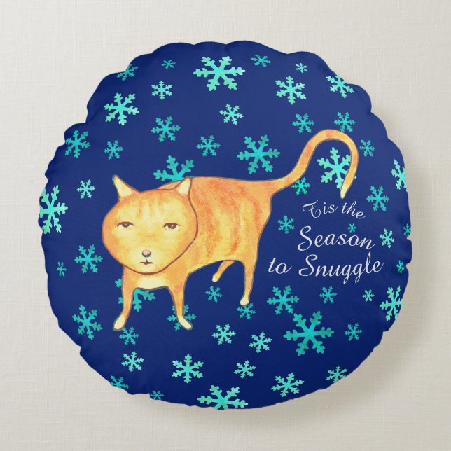 Warme Fuzzies & Winter Flurries Kerstkat Rond Kussen (Voorkant)
