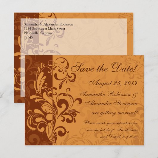 Warme Gouden Herfst Swirl Save the Date Aankondigingskaart (Voorkant / Achterkant)