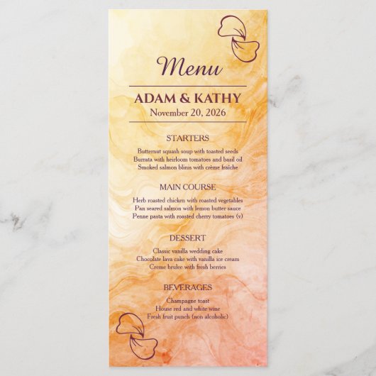 Warme Herfst Marmeren Trouwmenu Menu (Voorkant)