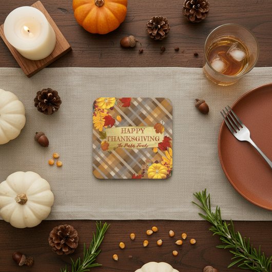 Warme Herfst Pompoenen & Foliage Plaid Thanksgivin Kartonnen Onderzetters