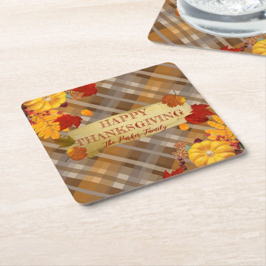 Warme Herfst Pompoenen & Foliage Plaid Thanksgivin Kartonnen Onderzetters (Schuin)