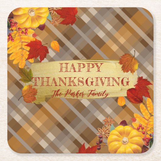 Warme Herfst Pompoenen & Foliage Plaid Thanksgivin Kartonnen Onderzetters (Voorkant)