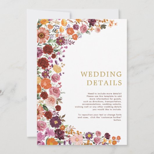 Warme Herfst Wildflower Garden Wedding Details Kaart (Achterkant)