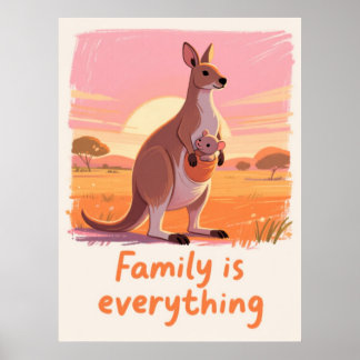 Warme Kangeroe Familie Zonsondergang Kunst Poster