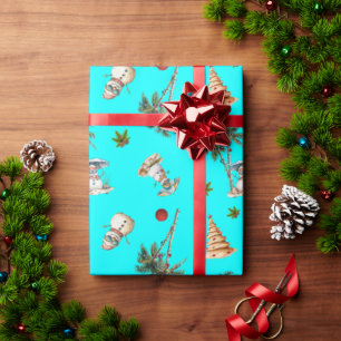 Warme Kerst Palmbomen Sneeuwmannen Aqua Cadeaupapier