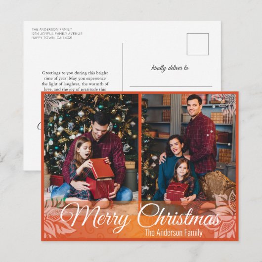 Warme kerst Poinsettia Rood Lijst 2 Foto Feestdagenkaart (Voorkant / Achterkant)
