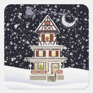 Warme kerst vakantiehuis in Silent Snowfall Vierkante Sticker