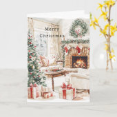 Warme Kerstboom Open Haard Kaart (Gele Bloem)