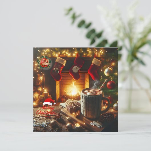 Warme kerstwensen bij de open haard feestdagenkaart (Staand voorkant)