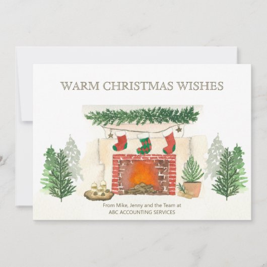 Warme kerstwensen Bos en gezellige open haard Feestdagenkaart (Voorkant)