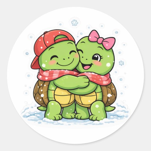 Warme knuffel in de sneeuw ronde sticker (Voorkant)