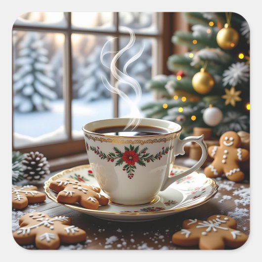 Warme koffie en peperkoekkoekjes Kerstmis Vierkante Sticker (Voorkant)