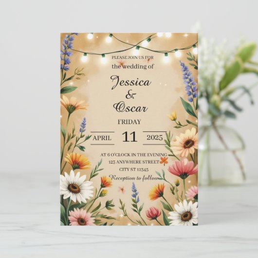 Warme landelijke stijl Wildflowers bruiloft Kaart (Staand voorkant)