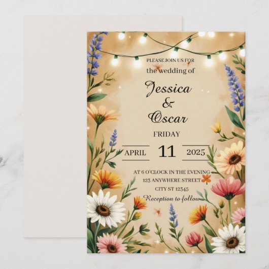 Warme landelijke stijl Wildflowers bruiloft Kaart (Voorkant / Achterkant)