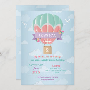 Warme luchtballon Birthday Party Mint Pink Clouds Kaart