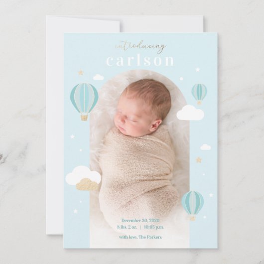 Warme luchtballon wolken sterren Pasgeboren Baby Aankondiging (Voorkant)