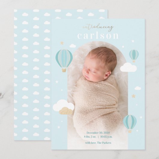 Warme luchtballon wolken sterren Pasgeboren Baby Aankondiging (Voorkant / Achterkant)