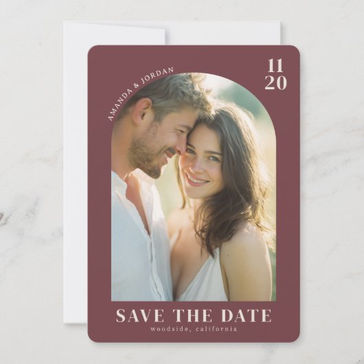 Warme Maroon Elegante Foto Save The Date (Voorkant)