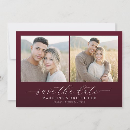 Warme Maroon Elegante Fotocollage Save The Date (Voorkant)