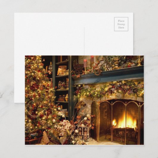 Warme open haard bij de kerstboom feestdagenkaart (Voorkant / Achterkant)