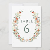 Warme oranje bloemenkrans trouwtafelnummers kaart (Voorkant)