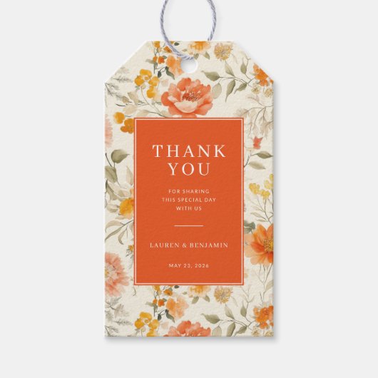 Warme Oranje Bloemrijke Dankbaarheid Cadeaulabel (Voorkant)