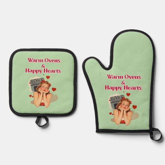Warme ovens en vrolijke harten ovenwant & pannenlap set (Voorkant)