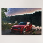 Warme rode auto bij het meer legpuzzel (Horizontaal)