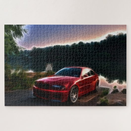 Warme rode auto bij het meer legpuzzel (Horizontaal)