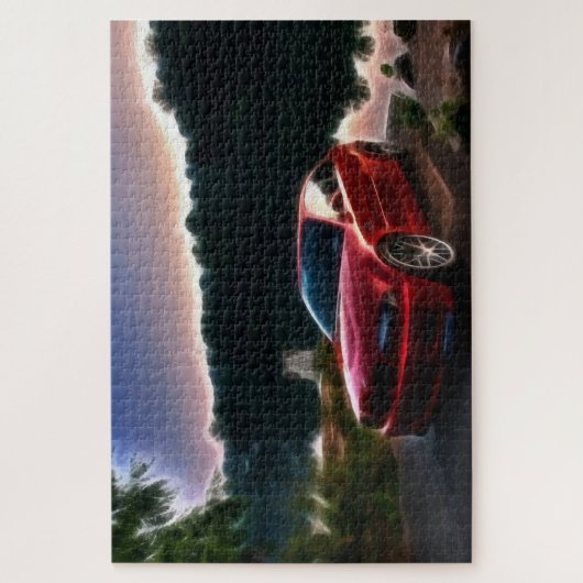 Warme rode auto bij het meer legpuzzel (Verticaal)