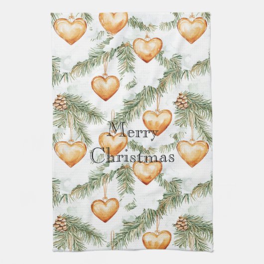 Warme romige karamelharten kerstboomtakken theedoek (Verticaal)