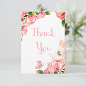 warme roze bloemen vlinders bruiloft bedankkaart (Staand voorkant)