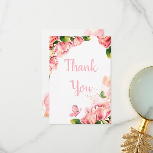 warme roze bloemen vlinders bruiloft bedankkaart (Voorkant / Achterkant in situ)