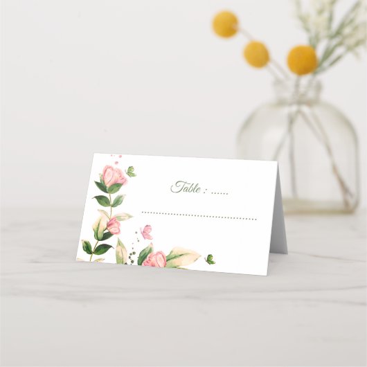 warme roze bloemen vlinders bruiloft plaatskaartje (Voorkant)