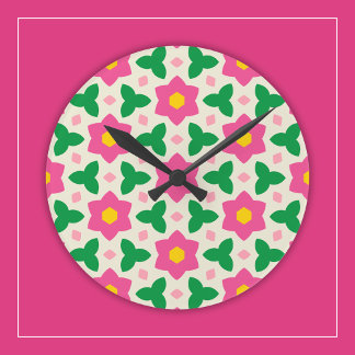 Warme Roze Botanische Bloemen op Mod Geometrisch B Ronde Klok