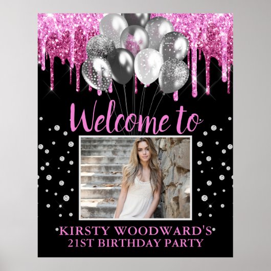 Warme roze druppelaar Glitter & Balloons Birthday Poster (Voorkant)