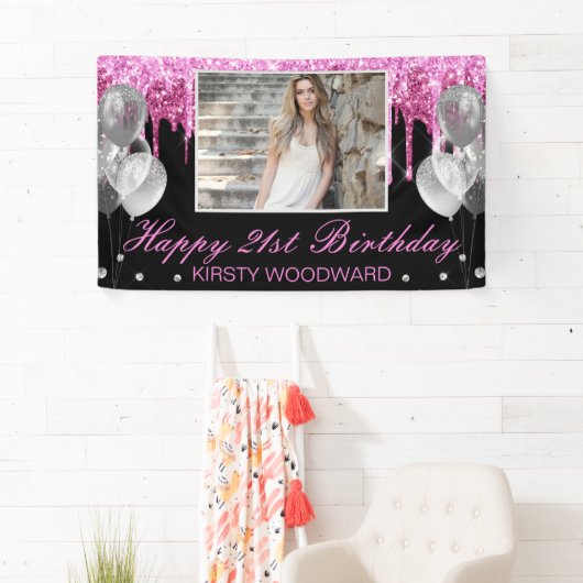 Warme roze druppelaar Glitter & Balloons Birthday Spandoek (Insitu)