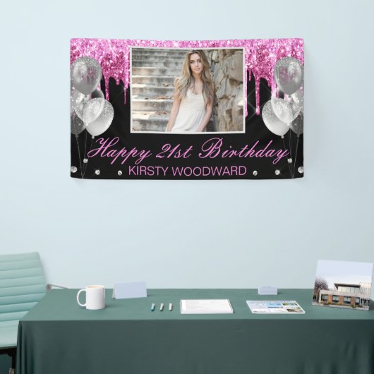 Warme roze druppelaar Glitter & Balloons Birthday Spandoek (Beurs)