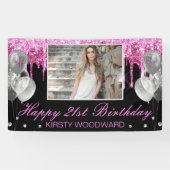 Warme roze druppelaar Glitter & Balloons Birthday Spandoek (Horizontaal)