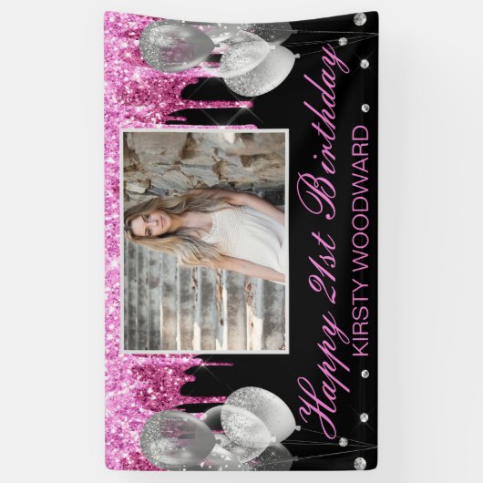 Warme roze druppelaar Glitter & Balloons Birthday Spandoek (Verticaal)