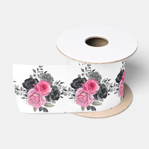 Warme Roze en Zilveren Elegante Bloemen Satijnen Lint