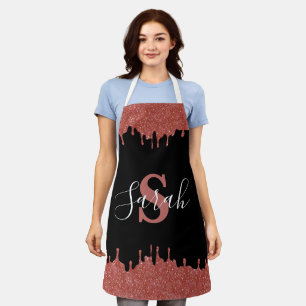 Warme Roze en Zwarte Monogram Glitter Druppels Schort