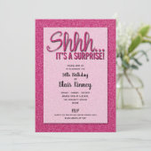 Warme roze Glitter SURPRISE Birthday Invitations (Staand voorkant)