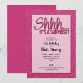Warme roze Glitter SURPRISE Birthday Invitations (Voorkant / Achterkant)