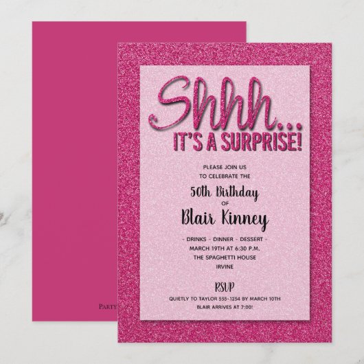 Warme roze Glitter SURPRISE Birthday Invitations (Voorkant / Achterkant)