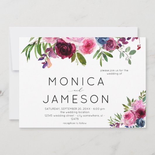 Warme Roze & Marineblauwe Bloemige Trouw Uitnodigi Kaart (Voorkant)