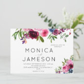 Warme Roze & Marineblauwe Bloemige Trouw Uitnodigi Kaart (Staand voorkant)